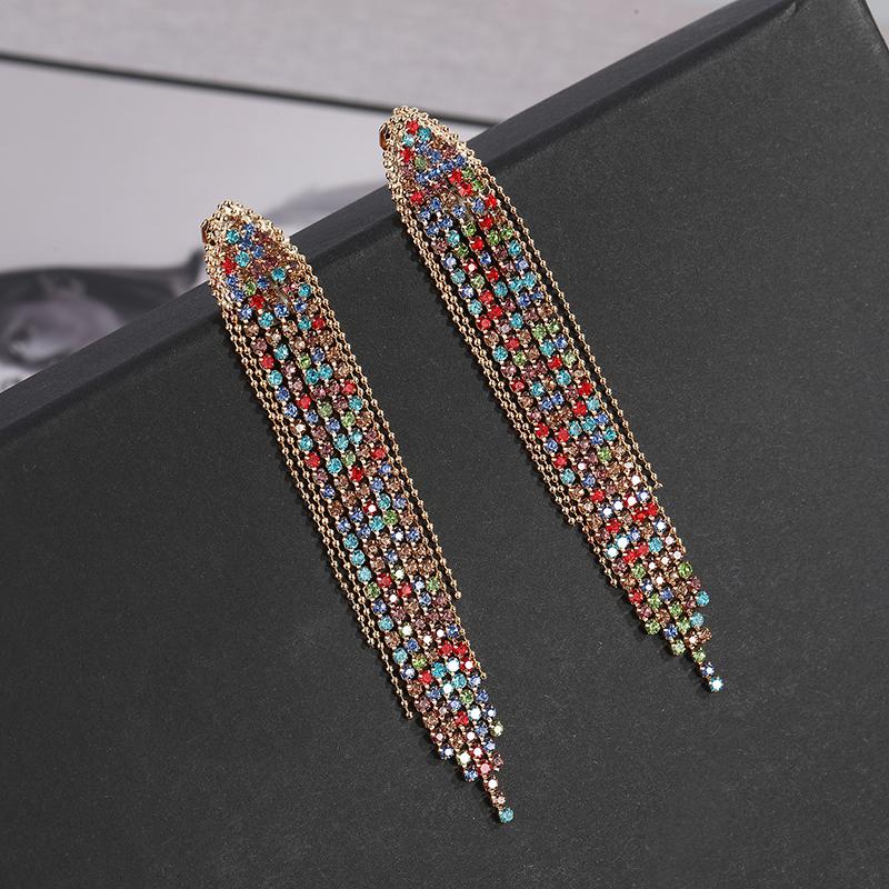 New Classic Shiny Crystal Clip on Earrings Ladies Exaggerated Long Tassels Colorful Rhinestone Non Pierced Earrings Jewelry