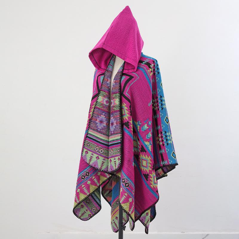 Ethnic Hooded Cape Shawl - Unisex Warm Travel Outerwear Cloak