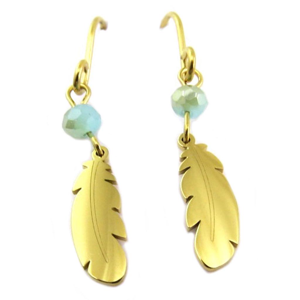 Les Trésors De Lily [P7763] - Golden Green 'Boho' Steel Designer Earrings (Indian Feather) - 19x4 Mm