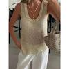 New Women's Sexy V-neck Loose Sleeveless Vest Hollow Out Knitted Sequin Casual Summer Top