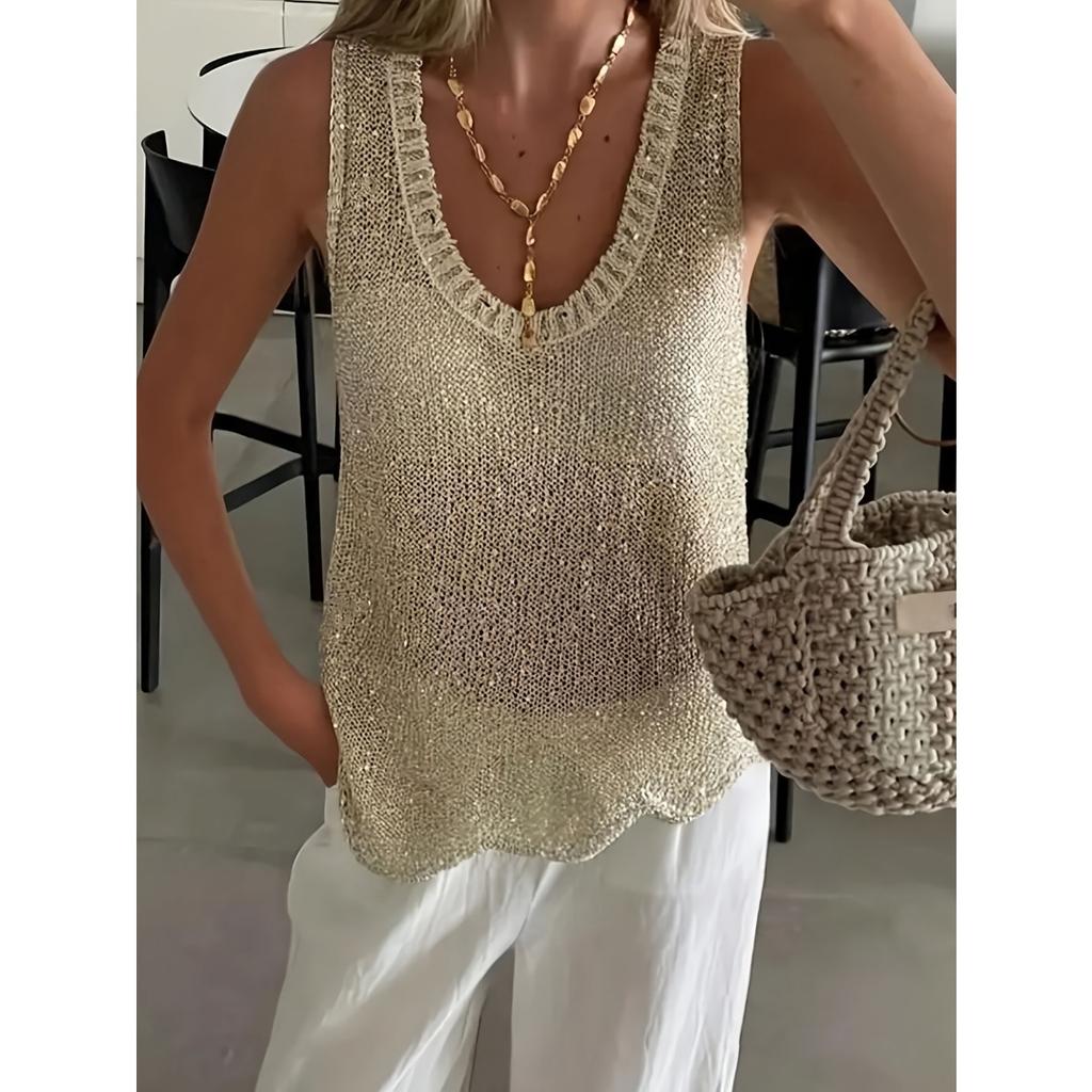 New Women's Sexy V-neck Loose Sleeveless Vest Hollow Out Knitted Sequin Casual Summer Top