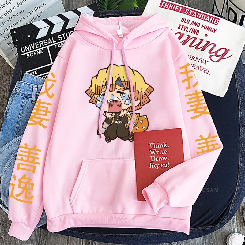 Anime Demon Slayer Agatsuma Zenitsu Cute Graphic Printed Hooded Men Women Manga Hoodies Loose Sweatshirt Harajuku Male Pullover