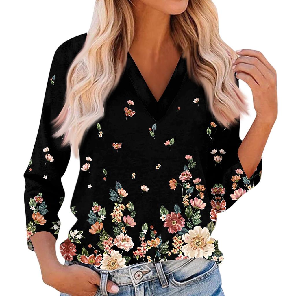 Women's Casual And Fashionable Flower Printing V-Neck Top With Seven Quarter Sleeves