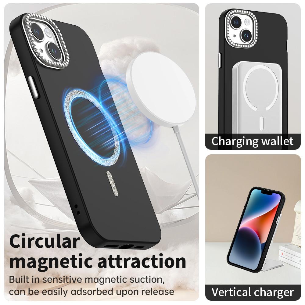 For iPhone 15 Plus/14 Plus Case Compatible with MagSafe TPU+PET Phone Cover with Rhinestone Decor Lens Frame