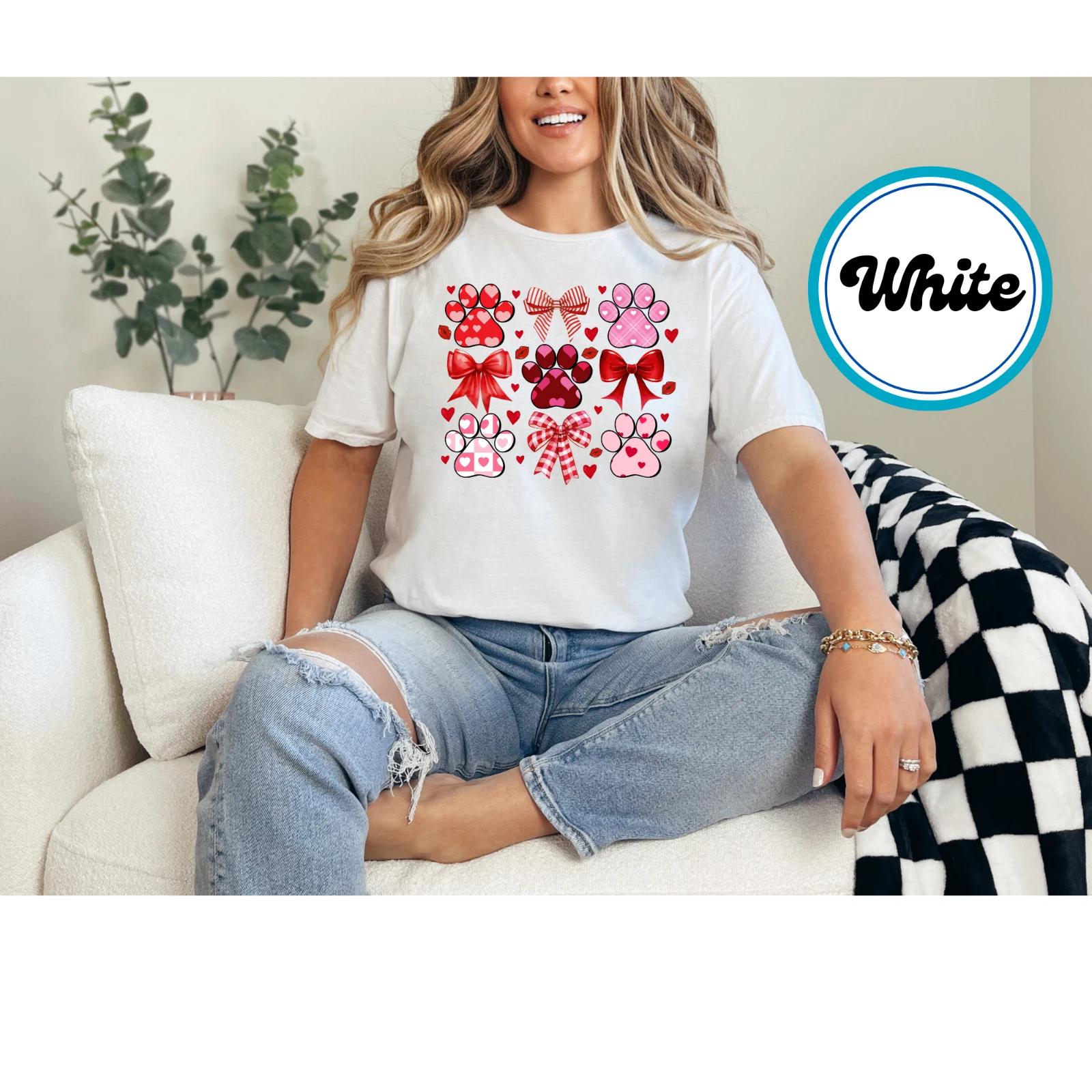 Valentine s Day Paw Print T-Shirt Cute Dog Lover Heart Bow Graphic Top for Women L