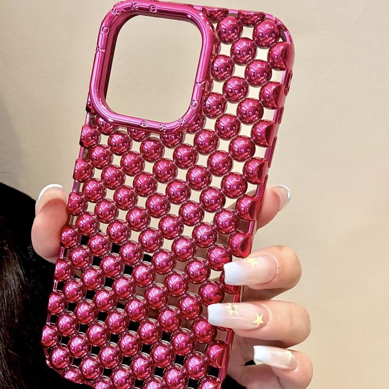 Plating Red Pearl Round Beads Heart Dissipation Case For For Iphone 16 Pro Max 17 Air 1 13 14 Hollow Out Phone Cover