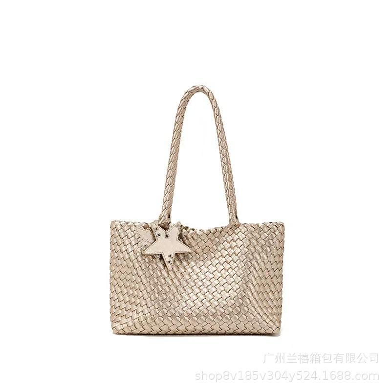 Same Champagne Woven Tote Bag Women'S Large-Capacity Tote Bag Portable Shoulder Bag