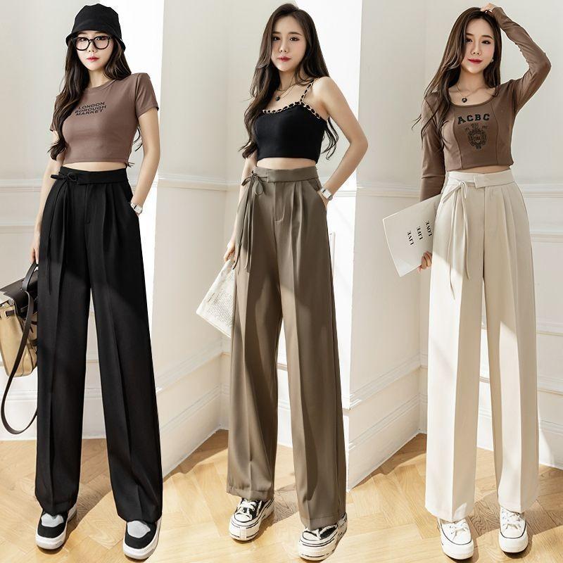Straight Lace-up Suit Pants Women's Autumn Small High Waist Drape Wide-leg Pants New Trousers Casual Pants