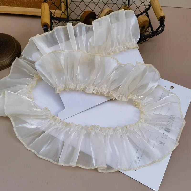 

10m Pleated Lace Ribbon Fabric Ruffle Cuffs Cake Skirt Decorative Collar Tulle Frill Pearlescent Trim Dress Clothing DIY Crafts 10m x 7cm