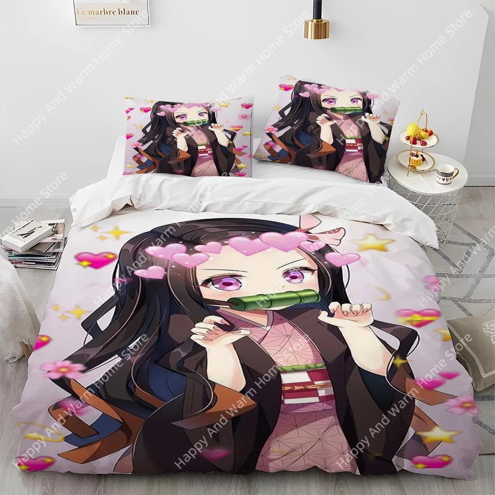 Demon Slayer Beding Set Kamado Nezuko Soft Duvet Cover Set Bedspread Pilowcase King Quen Ful Single Sized Dimensions Bed Linen Young Boys Ten Gift