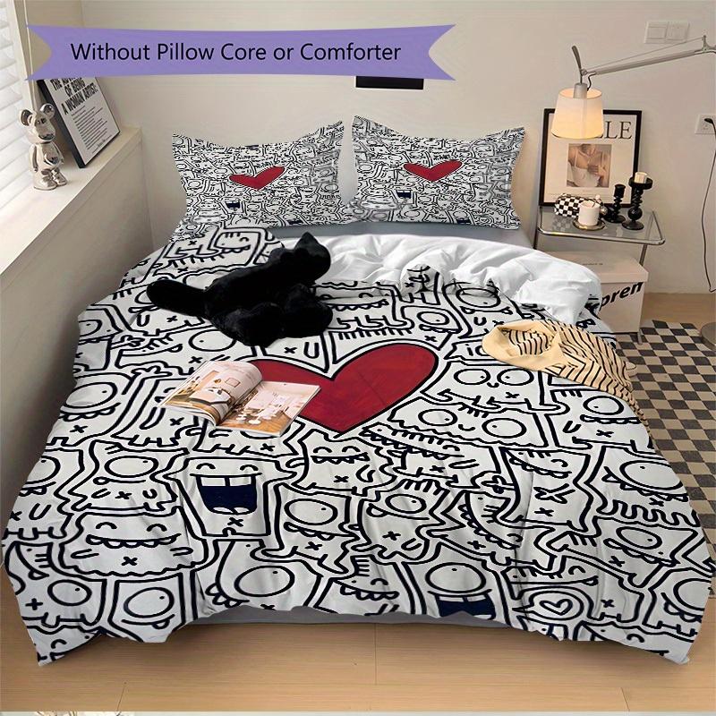 3pcs Monster Heart Print Bedding Set, Breathable and Soft, Suitable for All Seasons, Ideal for Home Use, Suitable for Bedroom Decor yy250821206