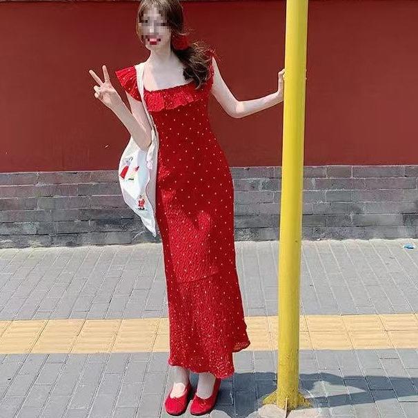 Feifei Sleeve Halter Red Lotus Leaf Edge Polka Dot Square Neck Dress Women's Summer French Gentle Waist Hip Wrap Long Dress