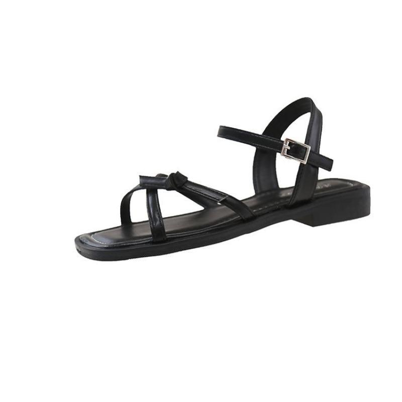 

Fashion silver square head sandals new summer thin strap beach shoes student cross strap cool 35 чёрный