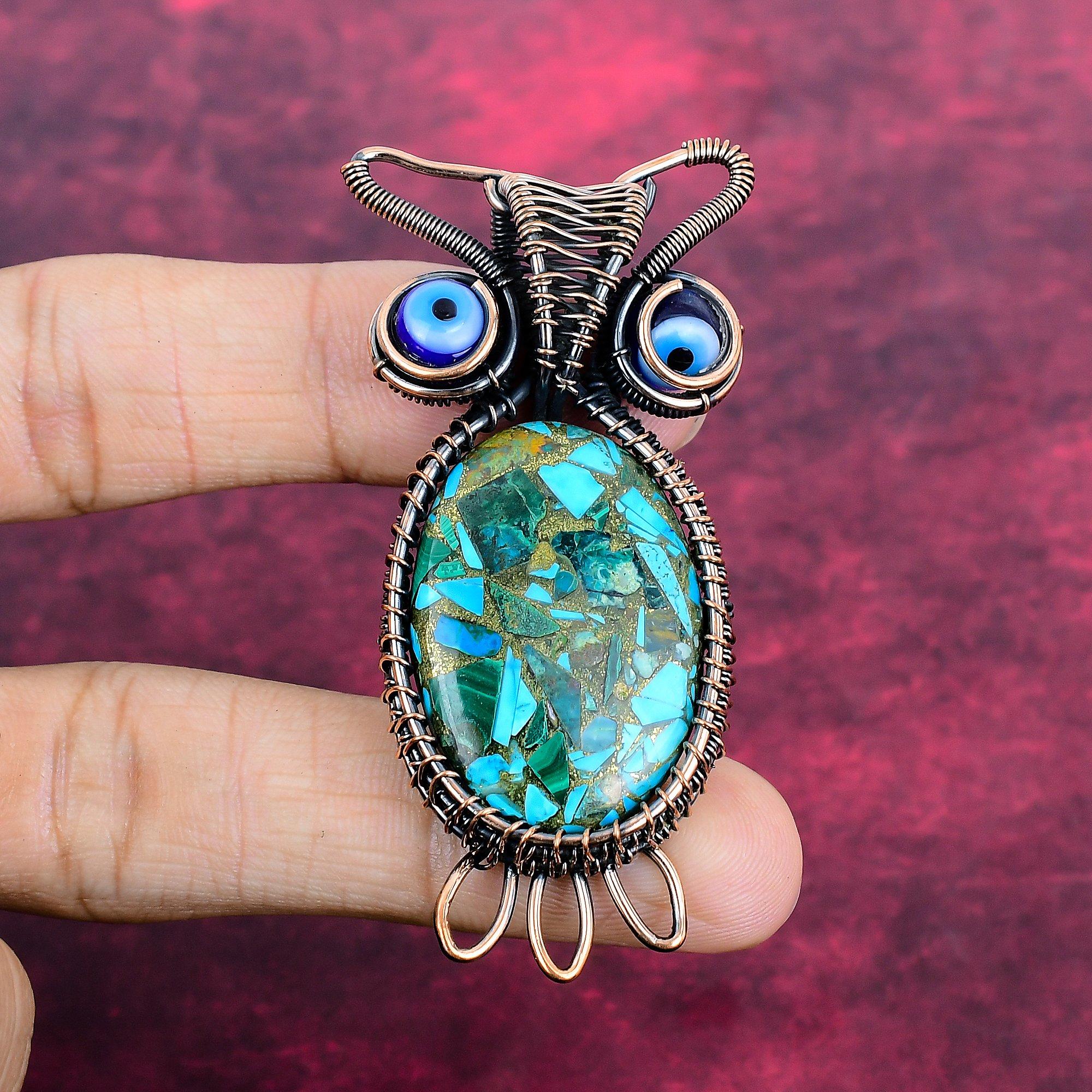 Copper Blue Turquoise Gemstone Pendant Owl Pendant Copper Wire Wrapped Blue Color Evil Eye Jewelry