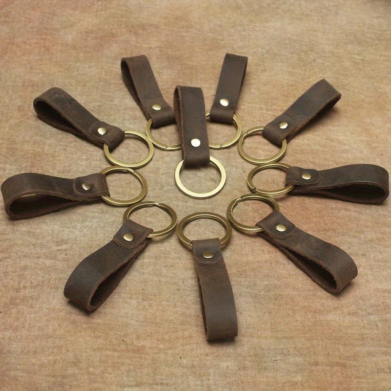 Vintage Leather Keychain Handmade Single Loop Key Ring with Golden Metal Ring Deep Brown Retro Style for Keys & Accessories, Handmade Lanyard Keychain