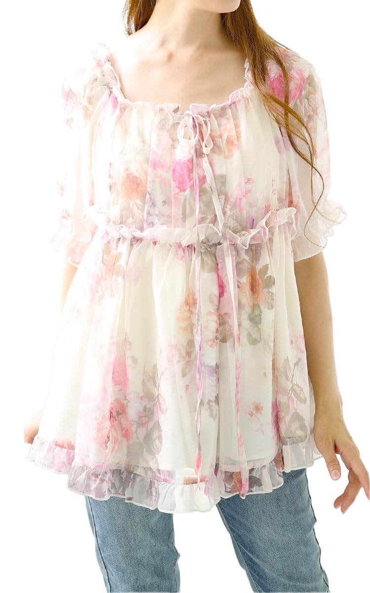 

Gold Japan Plus Size Back Short Floral 4L Women s Top, Blouse, Shirring, Sleeve, Flared, Ruffled, Print, Sheer, Summer, Fall, Spring, Pink,