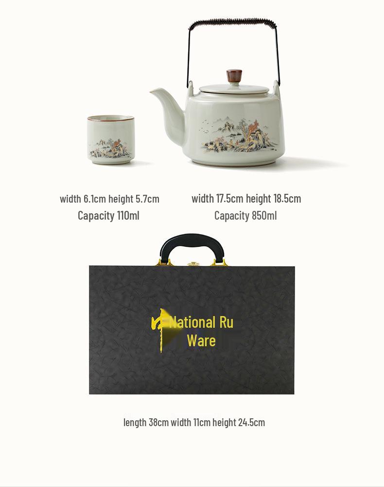 Ru Ware Teapot Kung Fu Tea Set with Lifting Handle – Large Capacity Gift Box for Household or Business Events