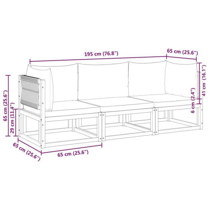 VidaXL Ensemble de canapés de jardin 3 pièces avec coussins, bois d'acacia et corde, 3278831