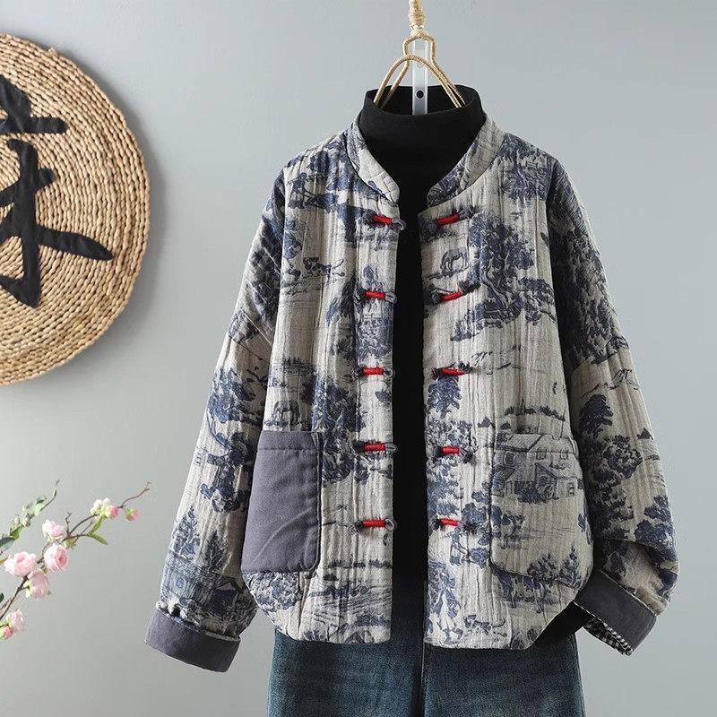 Autumn And Winter Ink Painting Printed Double Yarn Cotton Jacket Women's Stand Collar Long Sleeve Retro Button Quilted Coat A212