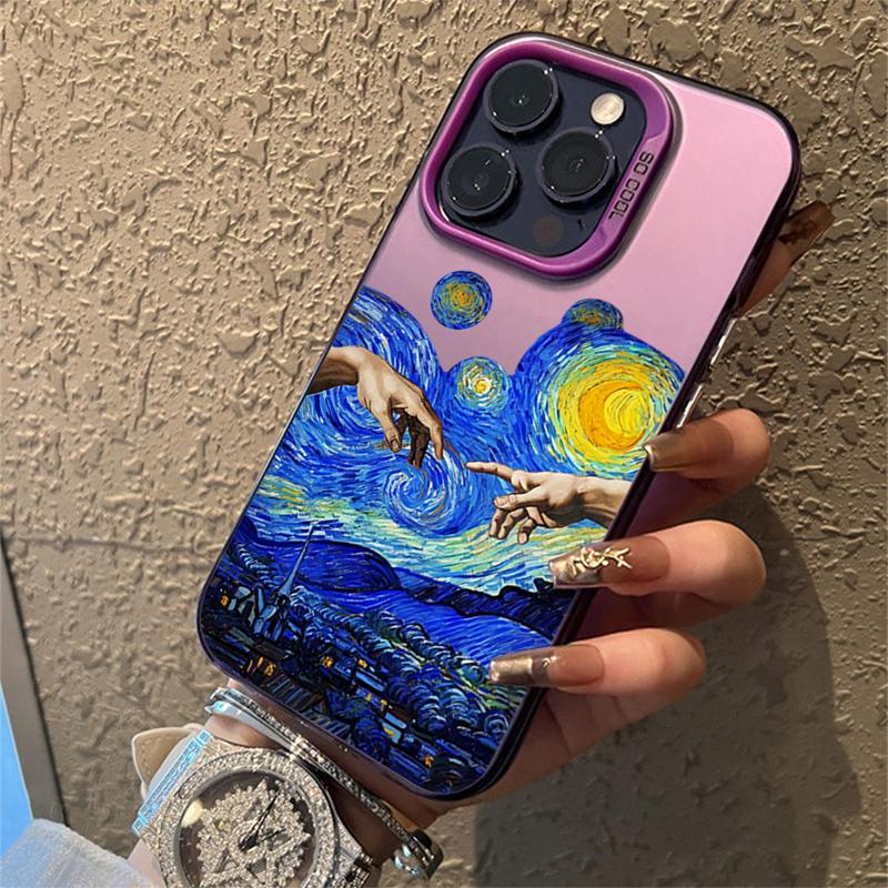 Van Gogh Oil Painting Electroplate Silver IMD Phone Case For iPhone 11 12 13 14 15 16 Pro Max 7 Plus X XR Shockproof Back Cover