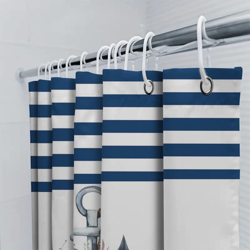Aquarell Ankare Duschdraperi Personlig Dekor För Badrum Marinblå Ränder Båtnamn Anpassningsbart Vattentätt Tygset