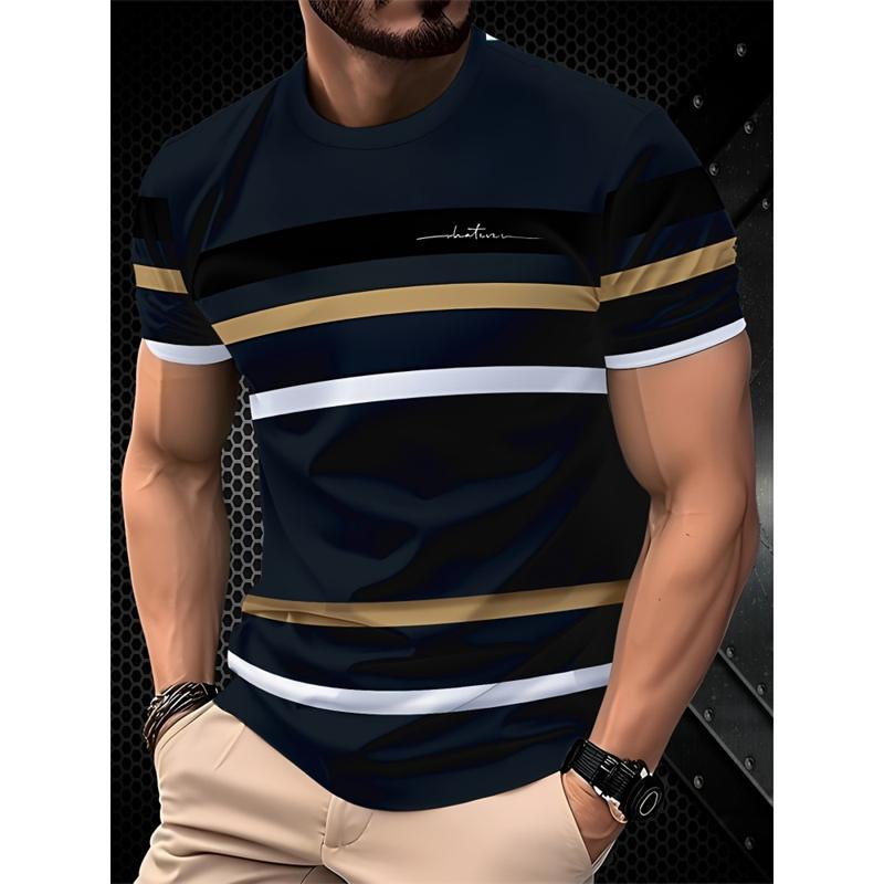 Simple Fashion Striped Graphic T Shirts For Men Summer Trendy Short Sleeve 3D Printed Casual Oversized Crew Neck Tees