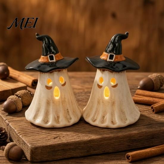 Holiday Atmospheric Night Lights Witch Hat Ghost Tealight Candle Holder, Vintage Resin Halloween Tabletop Decor Style Crafts with Warm Glow
