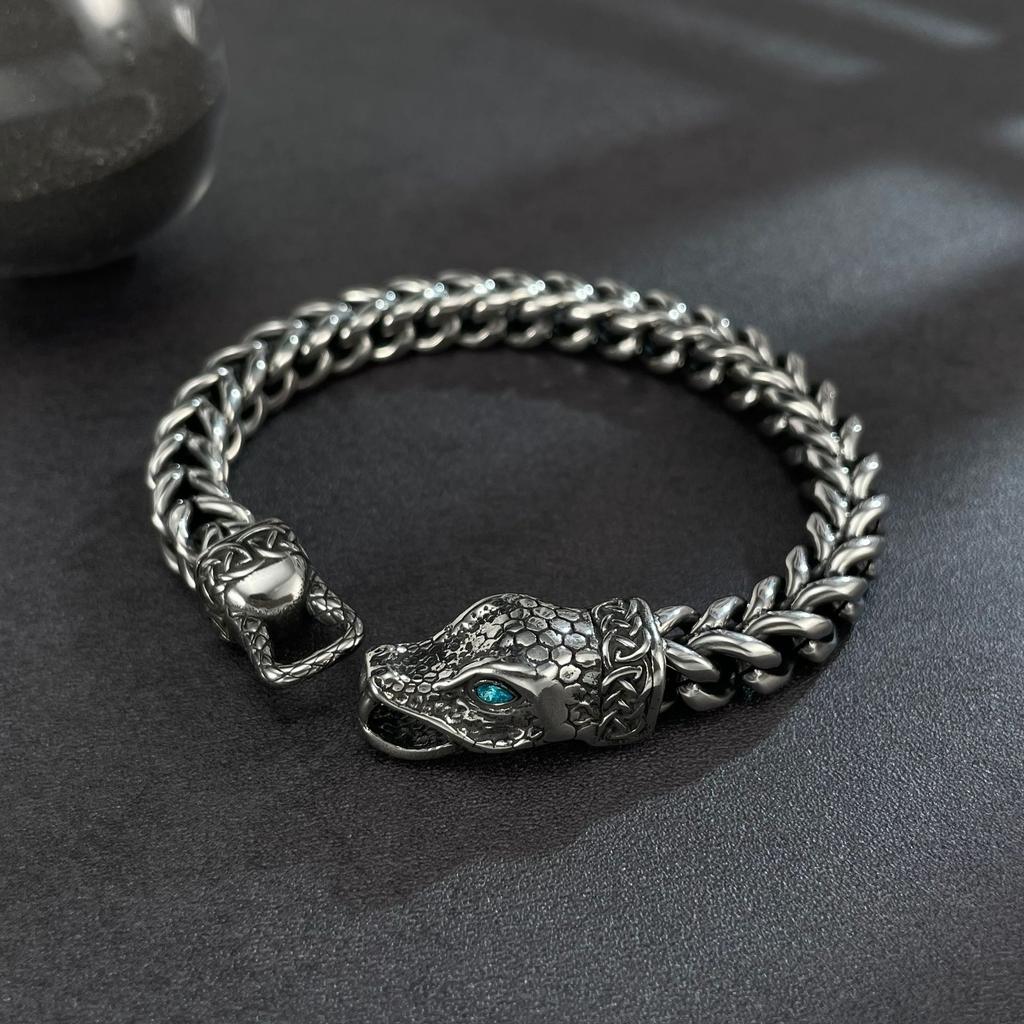 European American New Dark Snake Head Stainless Steel Bracelet Men's Thick Chain Retro Punk Style Personalized Trendy Accessory