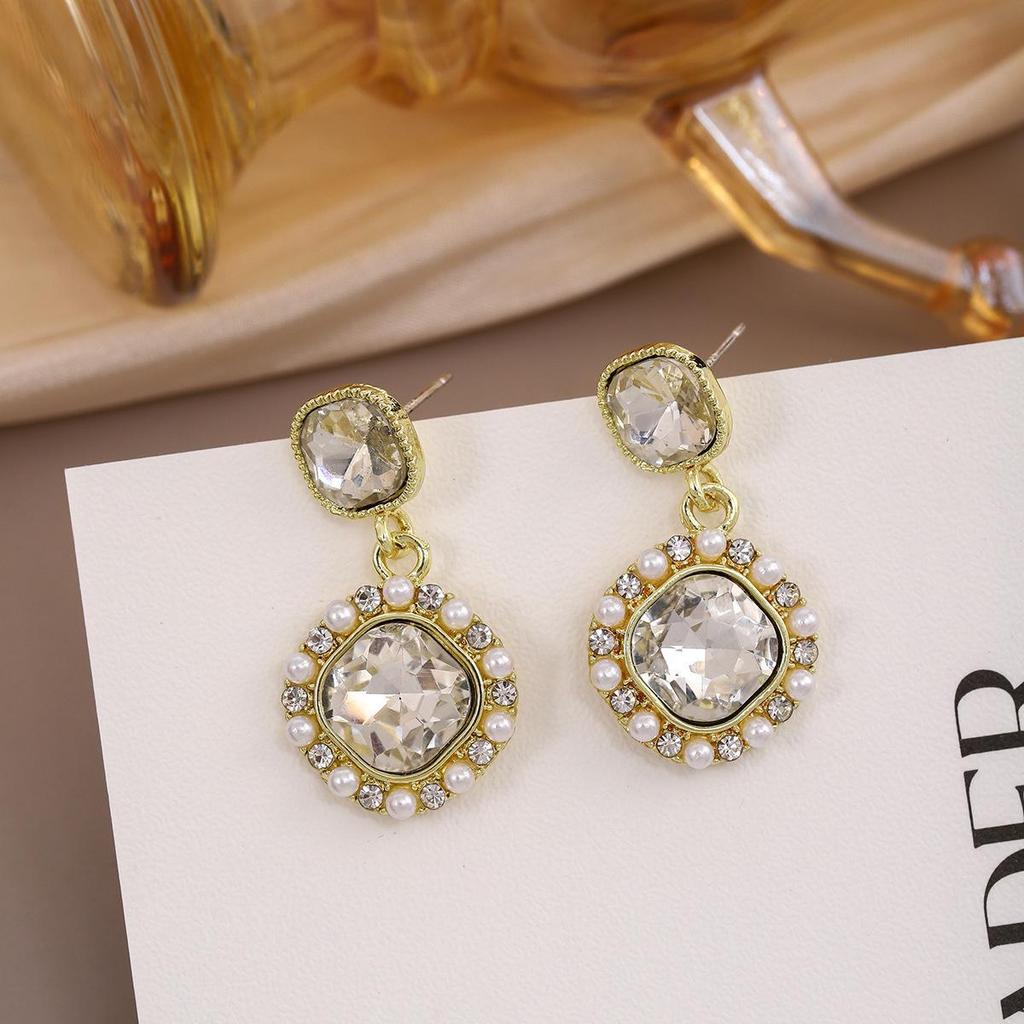 Silver Needle Chic Retro Geometric Square Earrings with Rhinestones & Pearls for Women