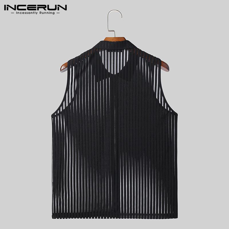 INCERUN Summer Men Sleeveless Zipper Up Vest Mesh See Through Tank Tops