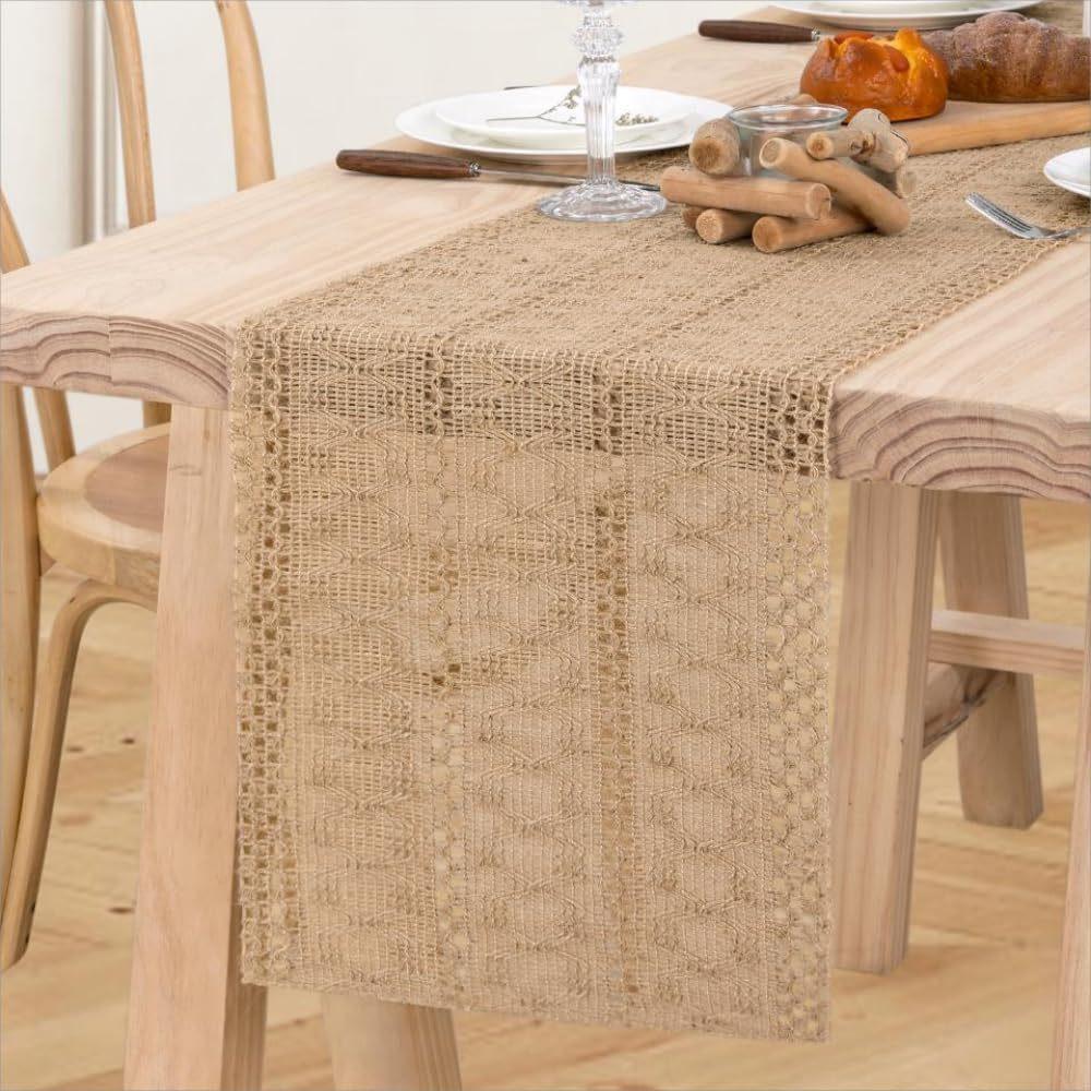 Country Style Linen Lace Table Runner Khaki Woven Table Runner Suitable for Bohemian Style Home Restaurant Bedroom Table Decoration - 1pcs