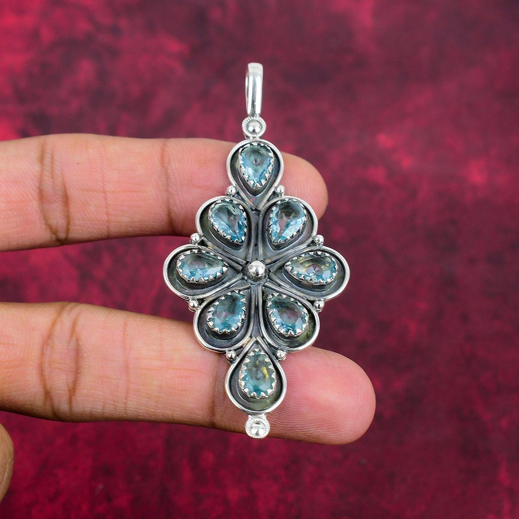 Blue Topaz Pendant, 925 Solid Sterling Silver Gemstone Jewelry, Handmade Pendant, For Thanksgiving