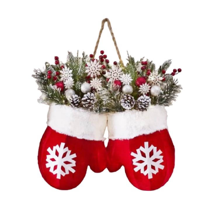 Faux Branches Christmas Mitten Wreath with LED Light Multiple Lighting Mode Festives Front Door Wall Hanging Decors