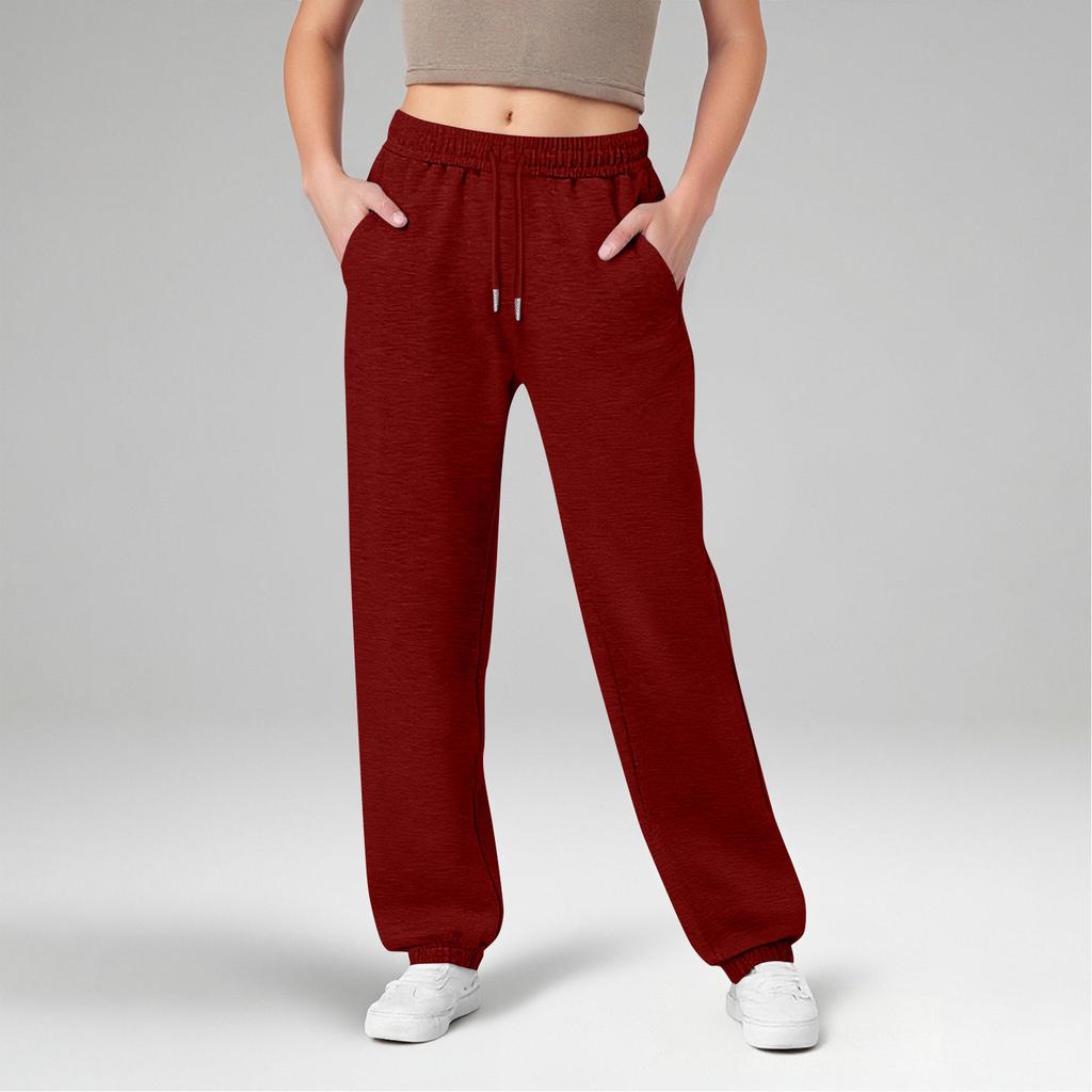 Women's Wide Leg Sports Pants Yoga Straight Mid-Rise Drawstring Elastic Low-Waist Clothing With Pockets