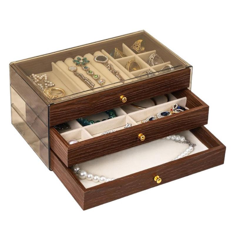 New Walnut Pattern Three-layer Drawer Jewelry Storage Box Ring Earrings Earrings Necklace Bracelet Jewelry Storage Box