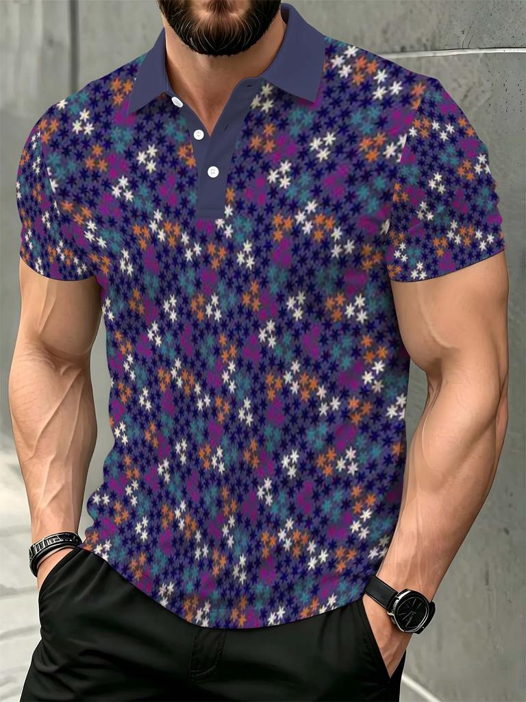 Navy Blue Collar Multicolor Mini Star All-Over Print Men's Short Sleeve Polo Shirt
