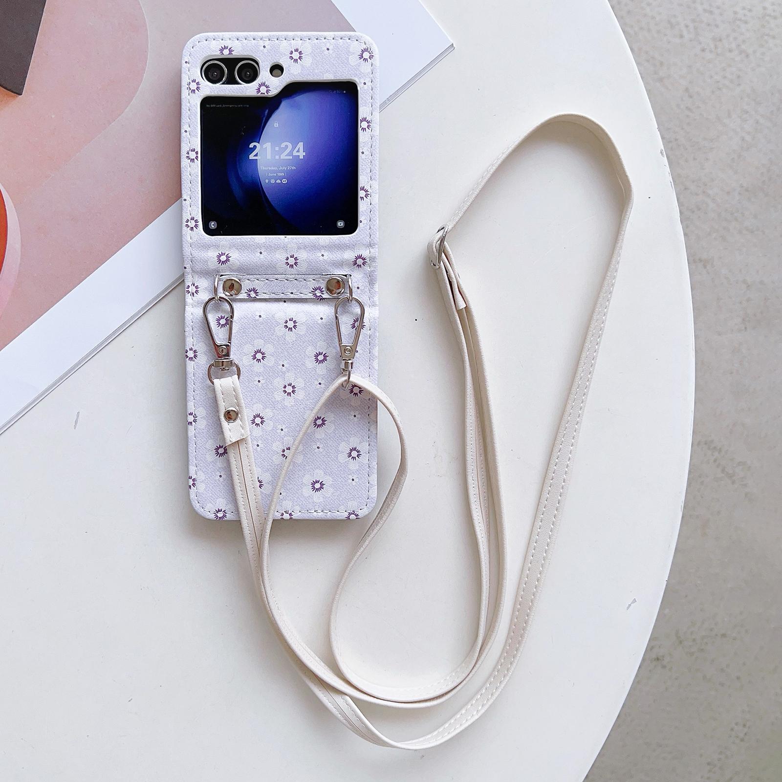 

For Samsung Galaxy Z Flip5 5G Case Flower Pattern Leather+PC Folding Phone Cover with Crossbody Strap Purple