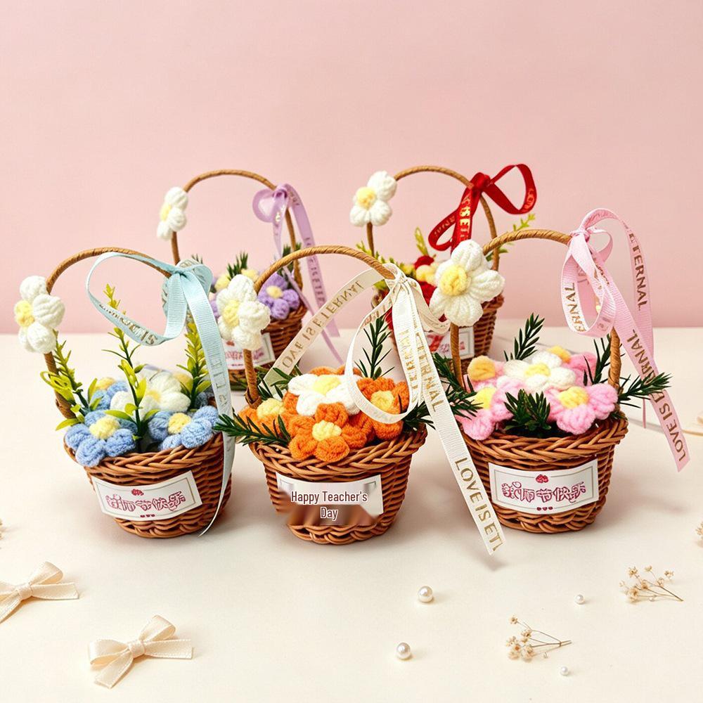 Hand-Knitted Yarn Flower Basket Gift for Teacher's Day