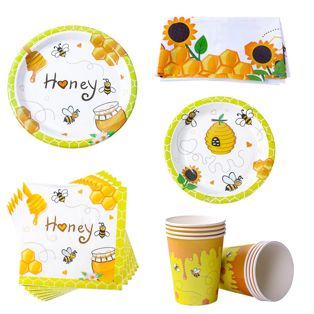 Bee Party Decorations Bee Pattern Disposable Paper Plate Cup Napkin Tablecloth for Gender Reveal Baby Shower Birthday Supplies