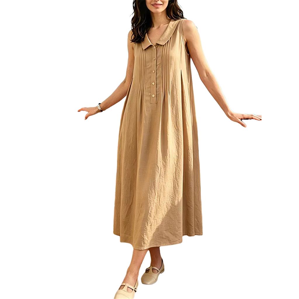 Women's Fashion Color Collar Sleeveless Pleated Dress