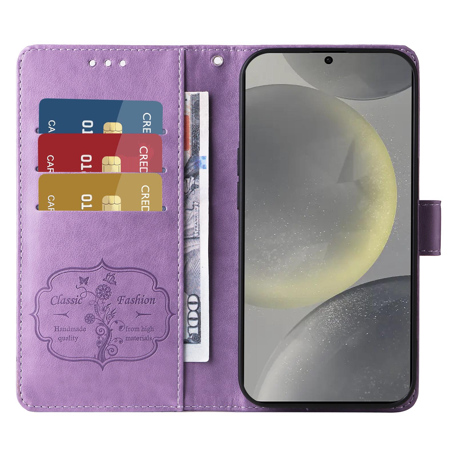 

For Samsung Galaxy S25 Leather Case Butterfly Floral Imprint Wallet Stand Cover Pink