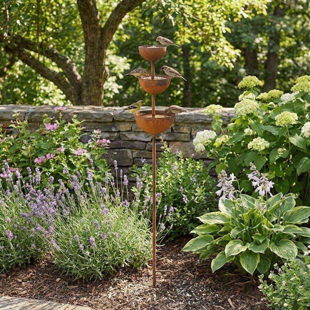 Rostige Metallvogeltränke 3-stufige Schale Garten-Regensammler Vogelwasserspender Terrasse Hinterhof