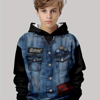 Boys' Trendy 3D Printed Hoodie - Long Sleeve, Casual Pullover for Fall/Winter, Stretch Fabric, Machine Washable