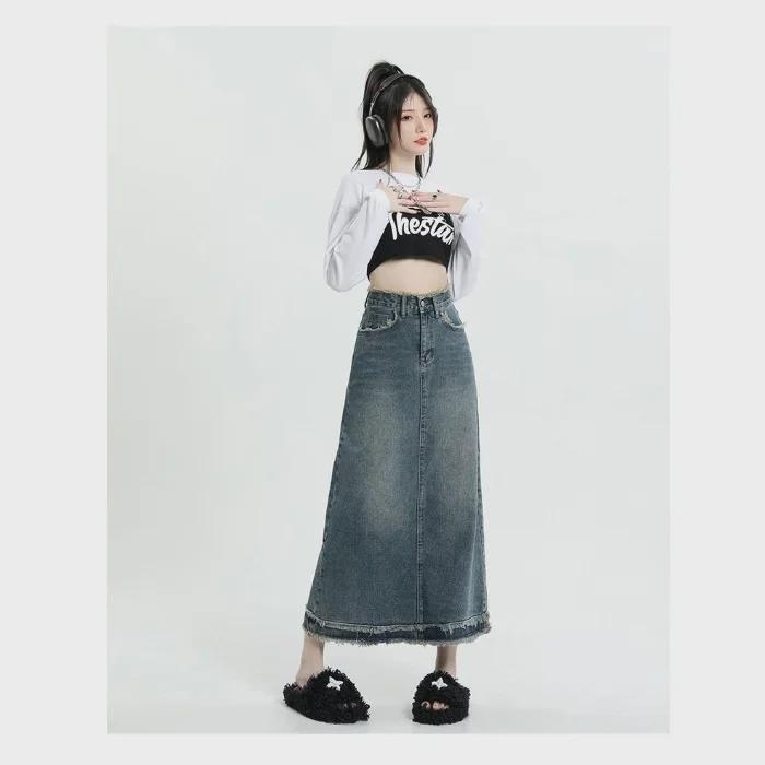Retro Washed Denim Midi Skirt for Women, 2023 Spring/Summer, XS-XL, Spandex Blend