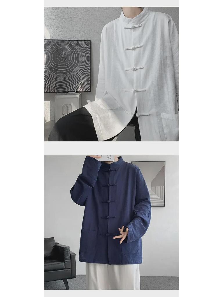Herren Langarm Leinen Chinesische geknöpfte Hanfu Tang Jacke, Übergröße