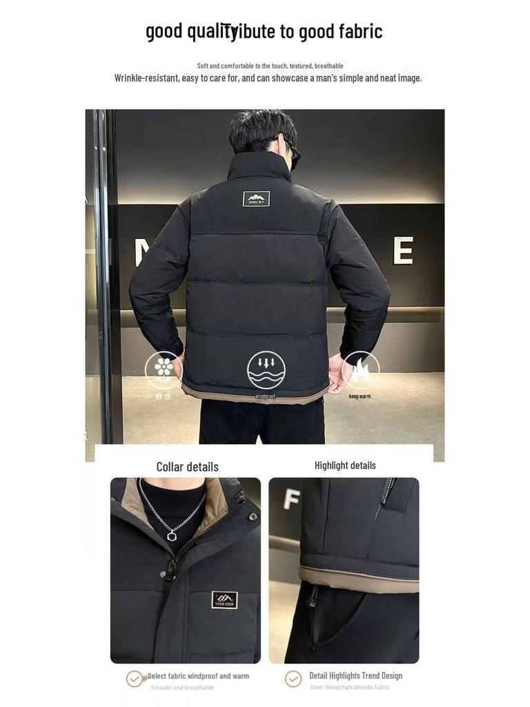 Echte Herren-Winter-Daunenjacke mit Stehkragen, schmaler Passform – Dicke, kurze Oberbekleidung