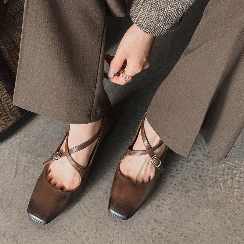First layer cowhide cross strap Mary Jane shoes 2025 autumn square head thick heel medium heel leather single shoes women