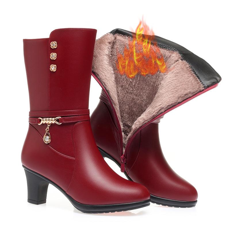 6cm Fashion Comfortable Mid Calf Soft Leather Boots Women Shoes Winter 2025 Med Block Heels Boots Warm Fur Plush Botas for Mom