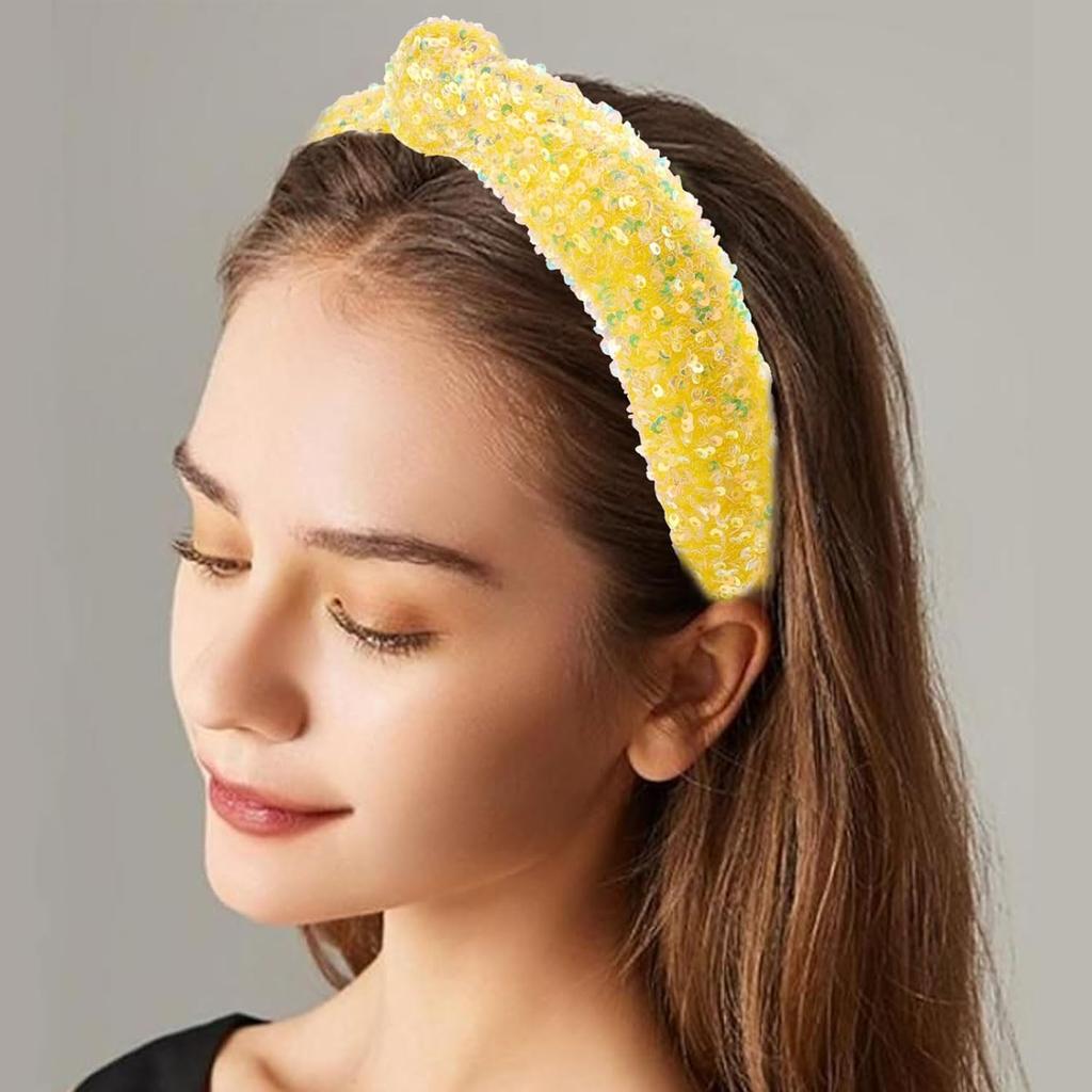 Yellow Glitter Knotted Headband Summer Knot Hair Bands Fashion Sequin Hair Hoop Women Girls Hair Accessories for Summer Theme Birthday Wedding Party