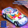 Light Up Toy Car with Universal Wheels Transparent Car Model with Colorful LED Lights Spinning Gears Music Mini Car Sensory Toys for Boys 3+